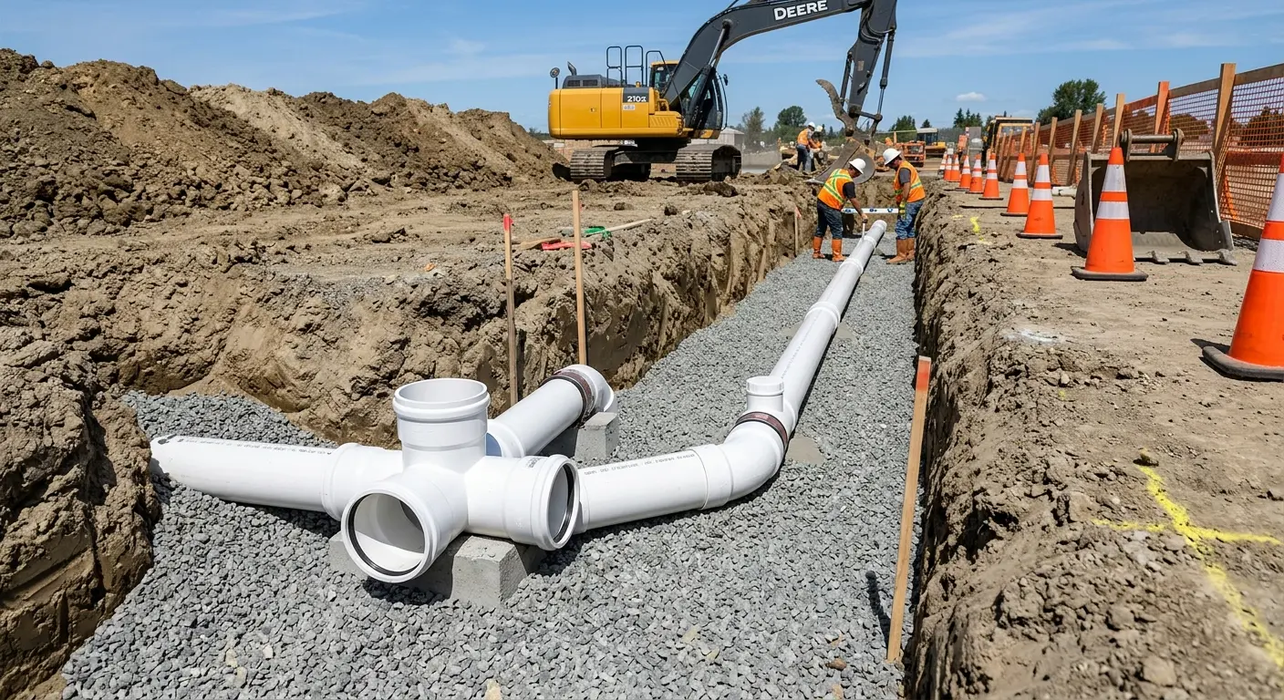 New PVC sewer pipe installation in open trench for Sewer Camera Inspection in Fort Bragg